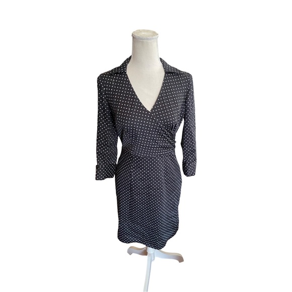 Ann Taylor Petites navy blue gray Polka Dot Faux Wrap Dress quarter sleeve 0P - Picture 4 of 16